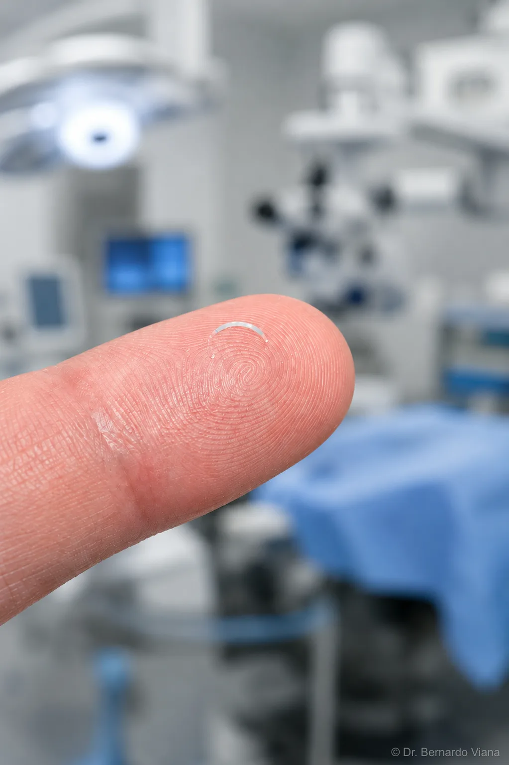 Anel de Ferrara — segmento intraestromal de PMMA implantado na córnea para tratamento de ceratocone. Dr. Bernardo Viana, Cachoeiro de Itapemirim