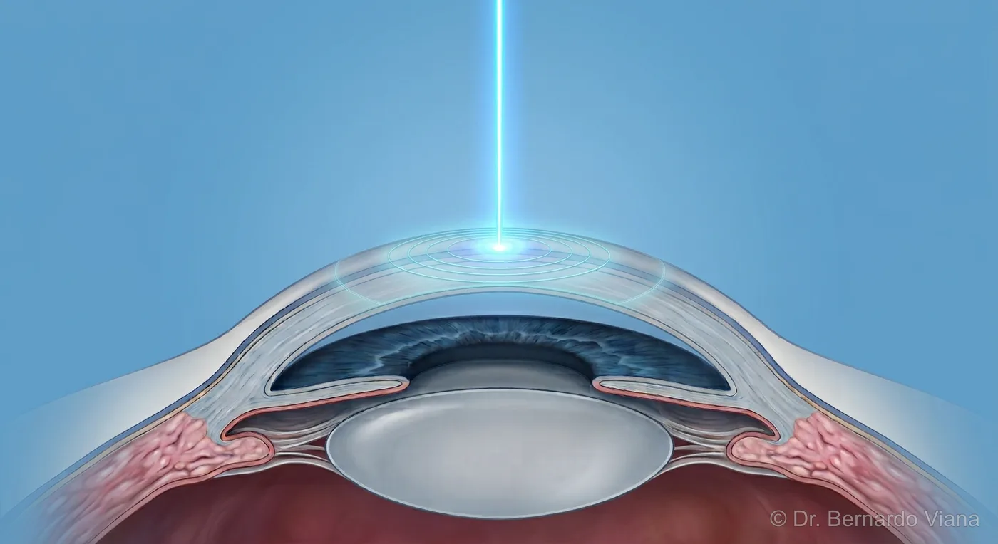 Ilustração do feixe de LASER aplicado no olho, remodelando a córnea para corrigir miopia, hipermetropia e astigmatismo em um único procedimento — cirurgia refrativa com o Dr. Bernardo Viana em Cachoeiro de Itapemirim, sul do Espírito Santo