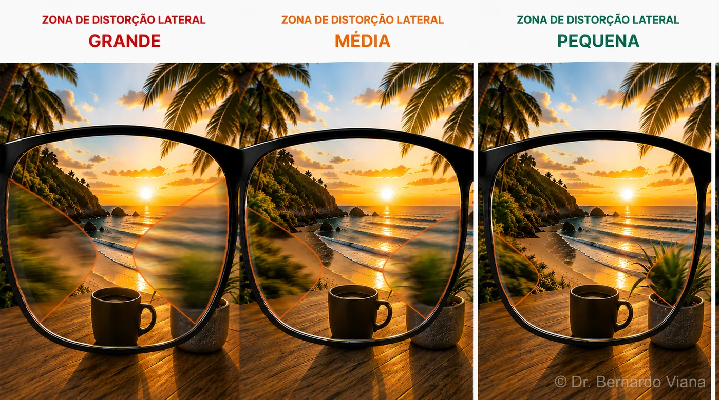 Comparativo das zonas de distorção lateral em lentes multifocais — grande, média e pequena — mostrando como o design da lente afeta a distorção lateral nos óculos multifocais, avaliação pelo Dr. Bernardo Viana em Cachoeiro de Itapemirim