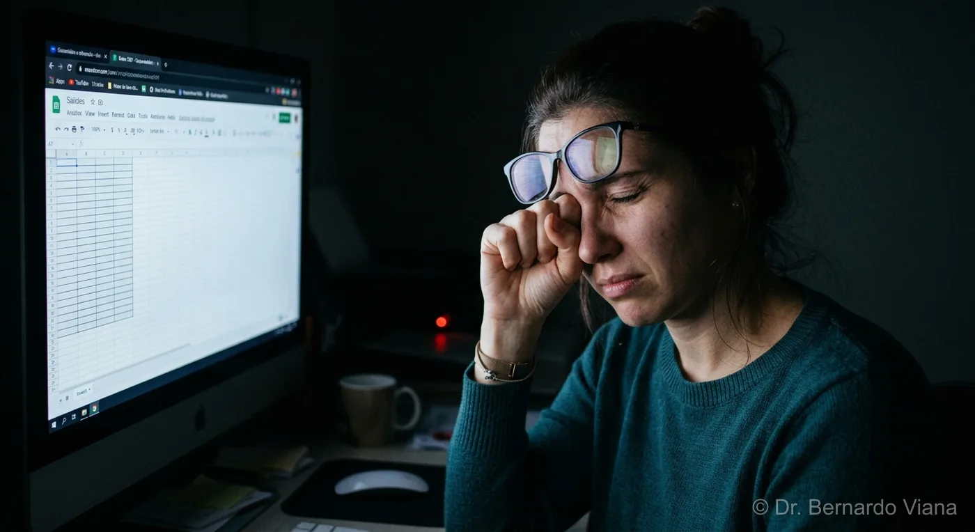 Mulher coçando os olhos na frente do computador — uso prolongado de telas como causa frequente do olho seco em Cachoeiro de Itapemirim