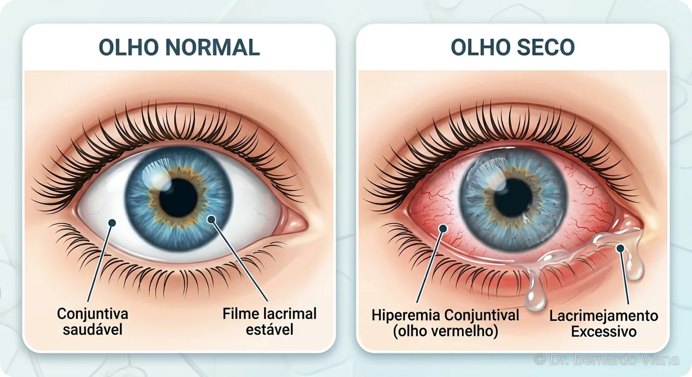 Olho saudável com filme lacrimal estável × olho seco com hiperemia conjuntival e lacrimejamento excessivo