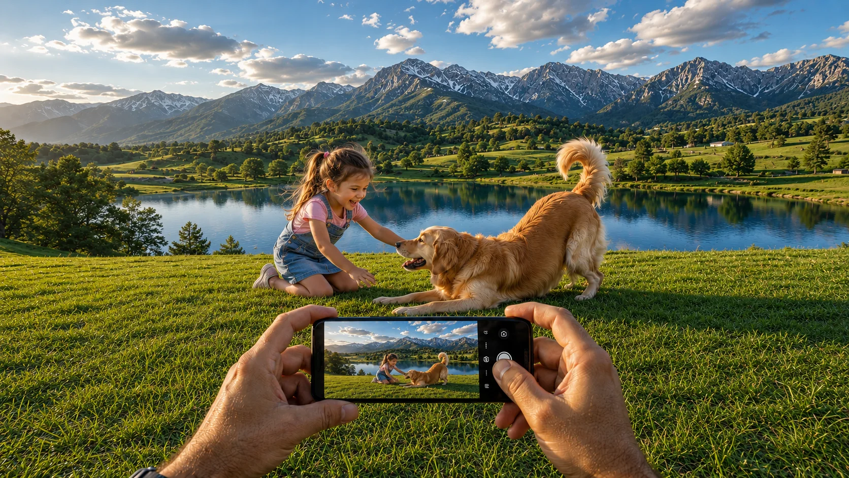 Cena em primeira pessoa: mãos segurando um celular fotografando uma criança que brinca com um cachorro golden retriever, com lago e montanhas ao fundo